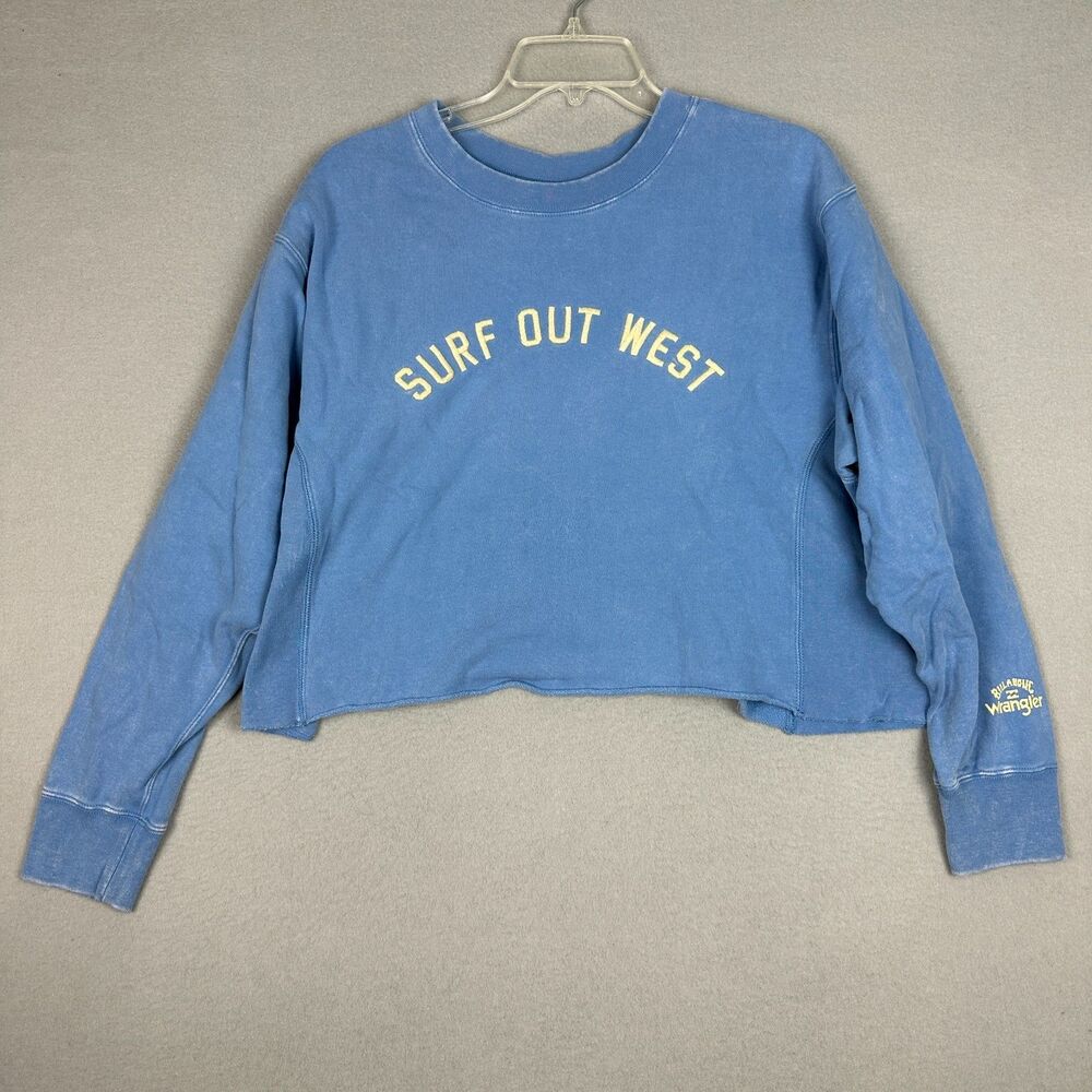 Billabong X Wrangler Womens XL Past Time Cropped Sweatshirt Aged indigo Fleece